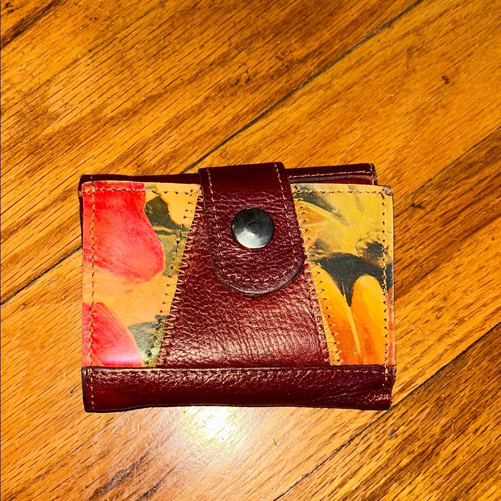 Floral Patchwork Leather Snap Wallet - Burgundy &… - image 1